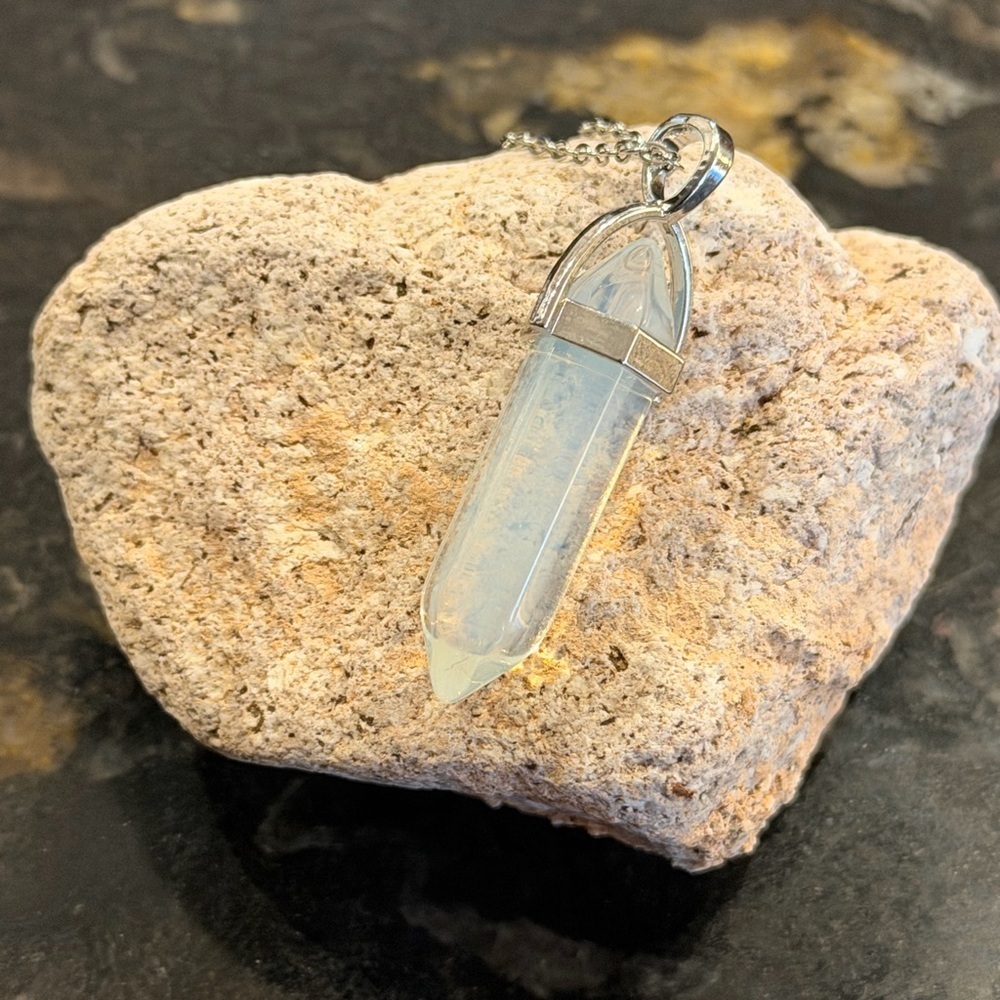 Opalite Crystal Point Pendant Necklace - Silver Tone